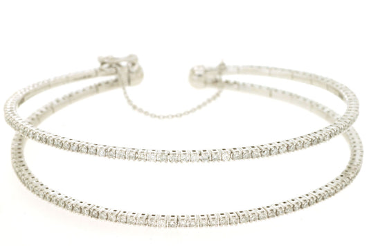 14k White Gold 2.0ctw Round Brilliant Diamond Double Bangle With Chain Clasp