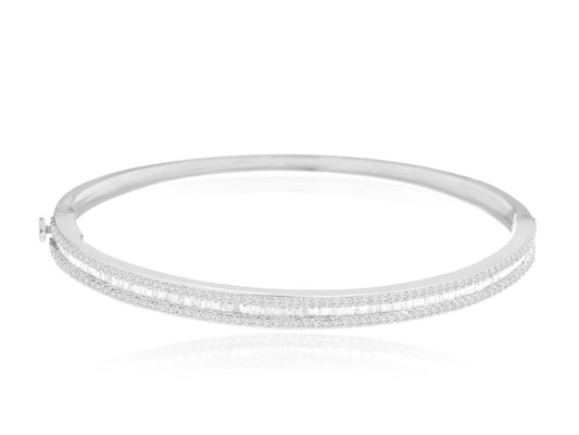 14k White Gold 1.65ctw Mixed Cut Diamond Three Row Bangle