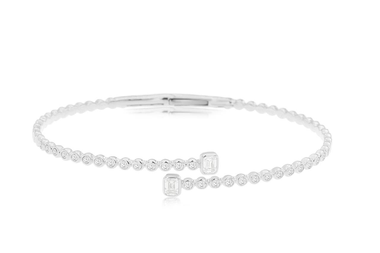 14k White Gold 1ctw Mixed Cut Diamond Round Beaded Bypass Bangle
