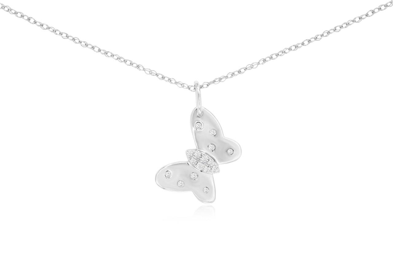 14k White Gold 0.05ctw Round Brilliant Diamond Butterfly Pendant Necklace