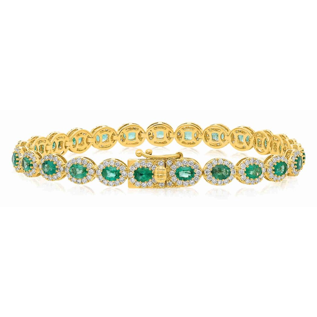 Yellow Gold Oval Emerald and Diamond Bracelet — view 2