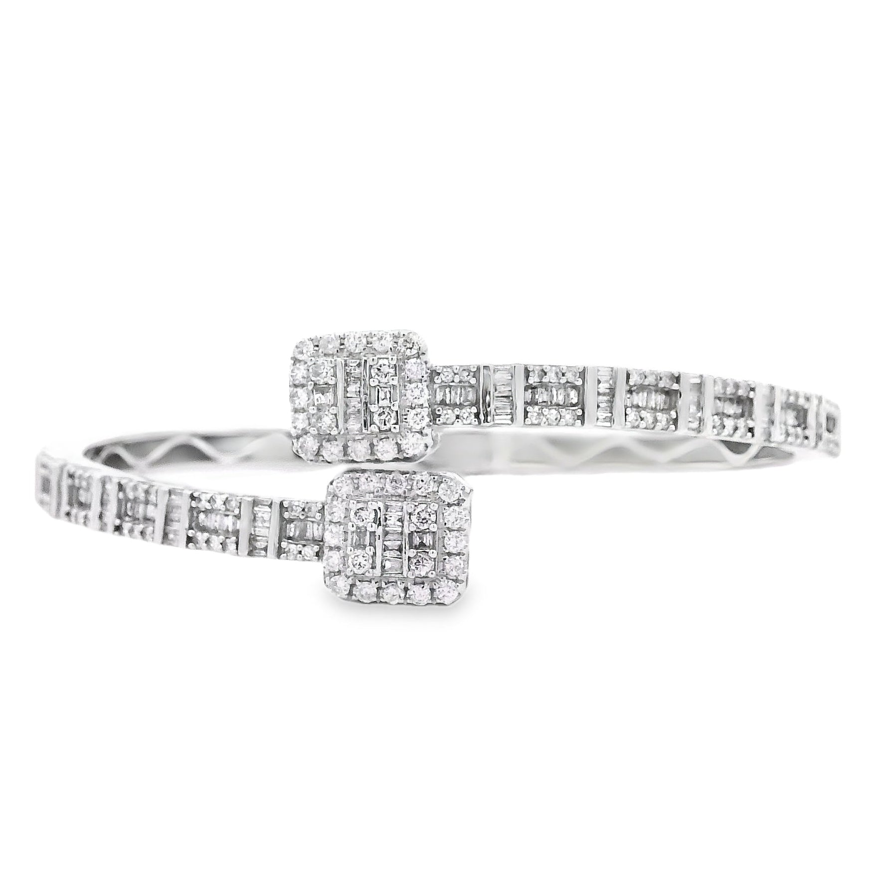 14k White Gold 2.40ctw Natural Round and baguette Diamonds Bangle Bracelet