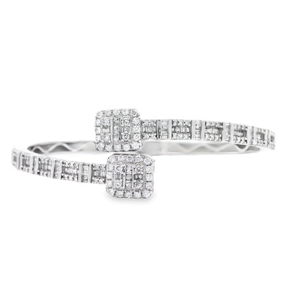 14k White Gold 2.40ctw Natural Round and baguette Diamonds Bangle Bracelet