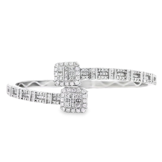 14k White Gold 2.40ctw Natural Round and baguette Diamonds Bangle Bracelet