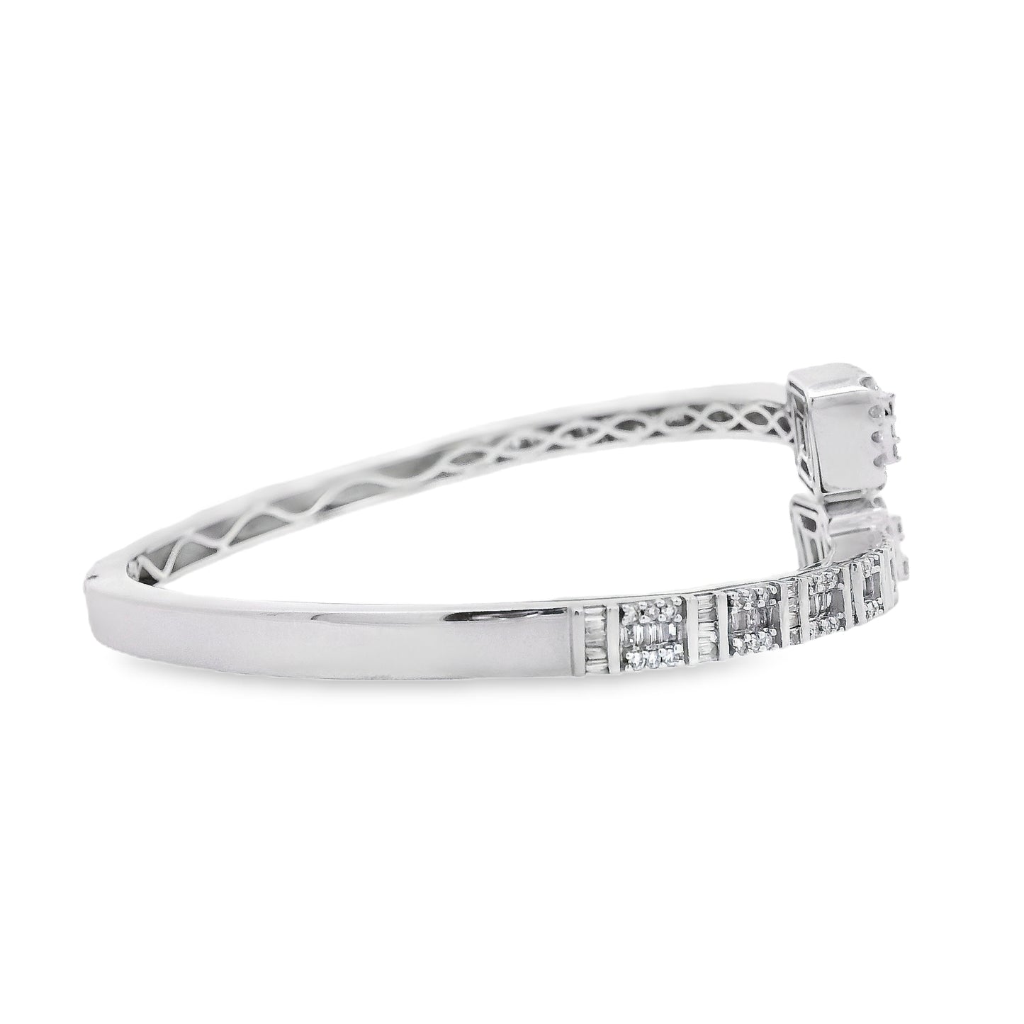 14k White Gold 2.40ctw Natural Round and baguette Diamonds Bangle Bracelet