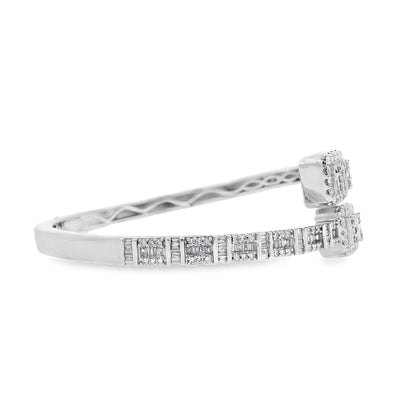 14k White Gold 2.40ctw Natural Round and baguette Diamonds Bangle Bracelet