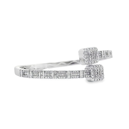 14k White Gold 2.40ctw Natural Round and baguette Diamonds Bangle Bracelet