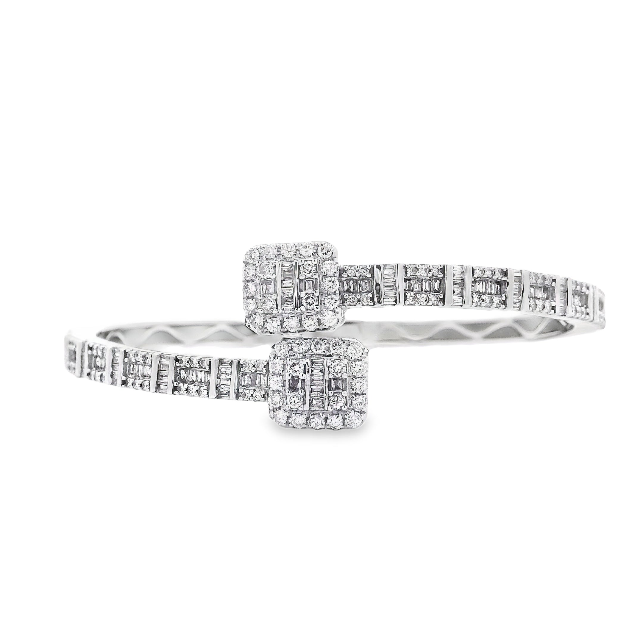 14k White Gold 2.40ctw Natural Round and baguette Diamonds Bangle Bracelet