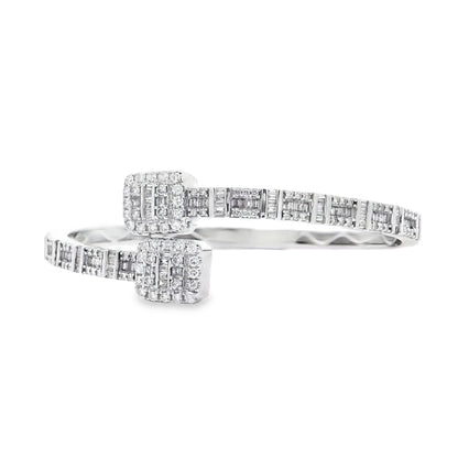 14k White Gold 2.40ctw Natural Round and baguette Diamonds Bangle Bracelet
