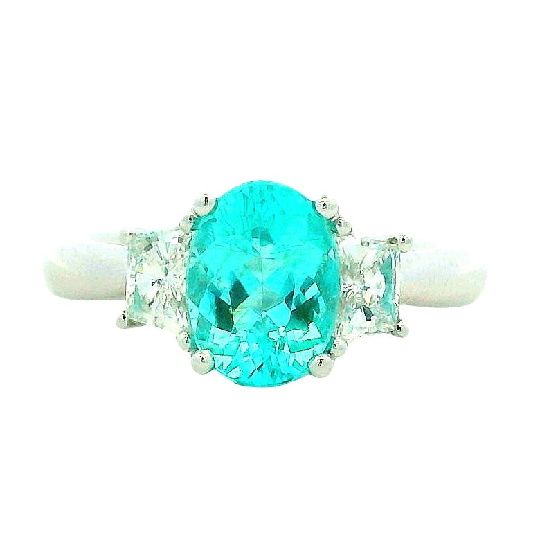 Platinum 1.66ct Oval Paraiba Tourmaline and 0.64ctw Diamond Three-Stone Ring