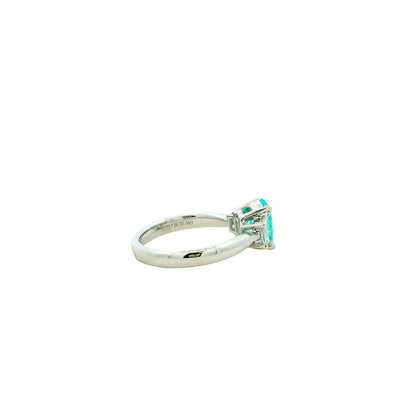 Platinum 1.66ct Oval Paraiba Tourmaline and 0.64ctw Diamond Three-Stone Ring