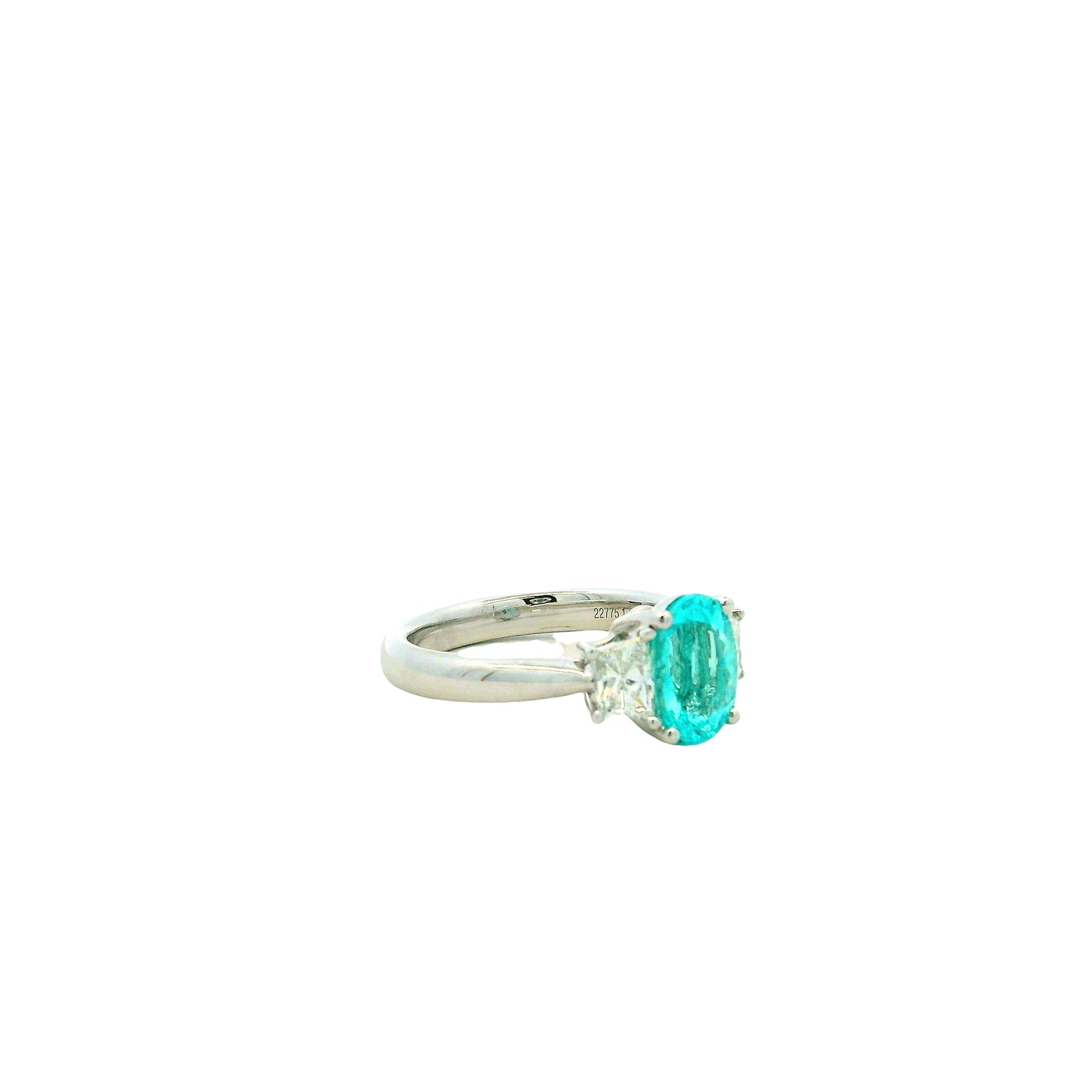 Platinum 1.66ct Oval Paraiba Tourmaline and 0.64ctw Diamond Three-Stone Ring