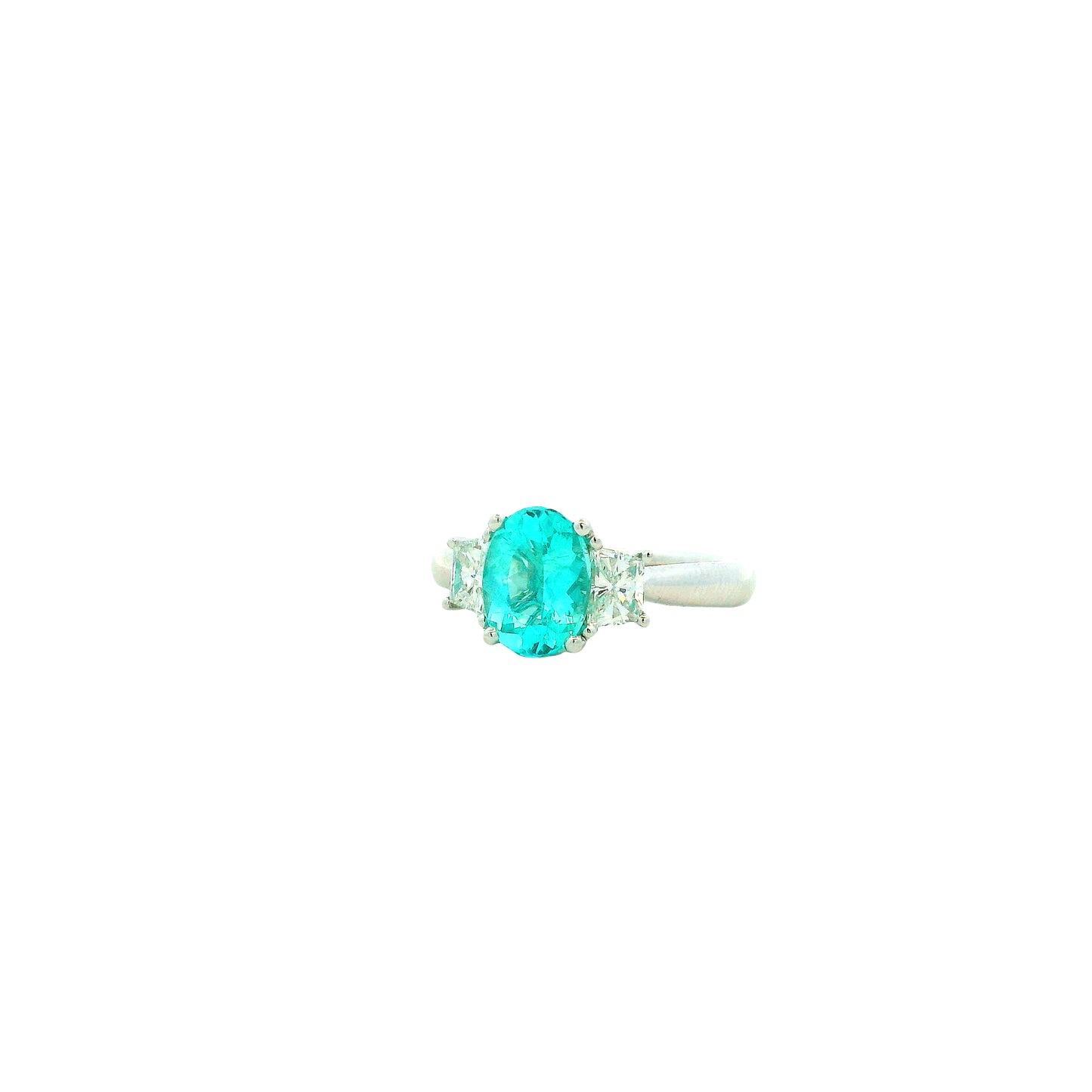 Platinum 1.66ct Oval Paraiba Tourmaline and 0.64ctw Diamond Three-Stone Ring