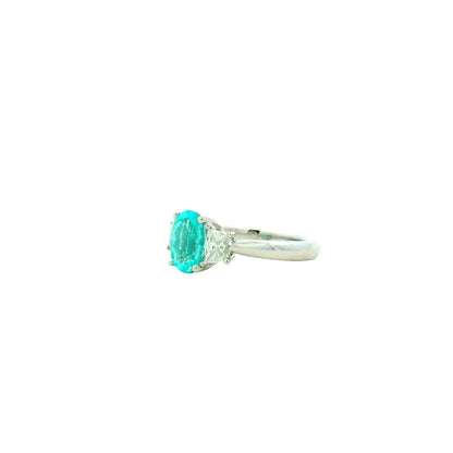 Platinum 1.66ct Oval Paraiba Tourmaline and 0.64ctw Diamond Three-Stone Ring