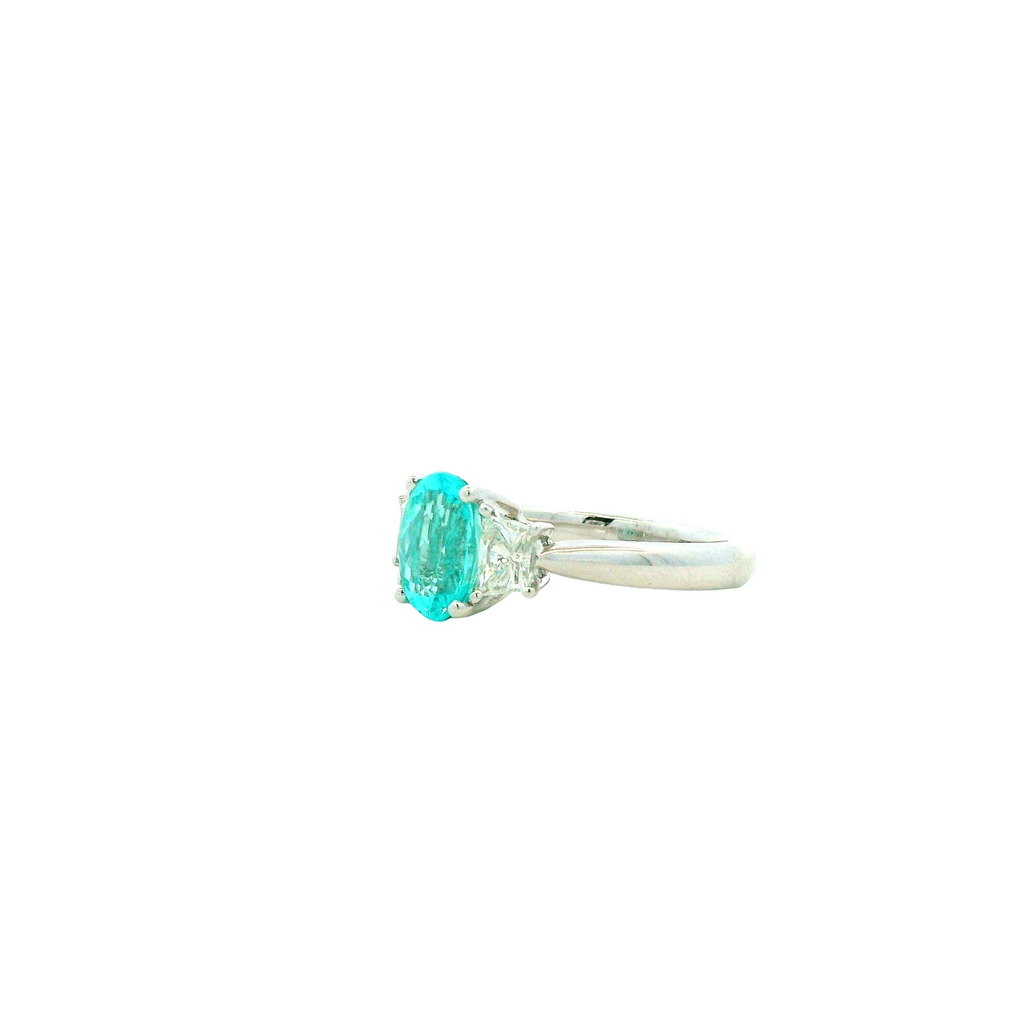 Platinum 1.66ct Oval Paraiba Tourmaline and 0.64ctw Diamond Three-Stone Ring