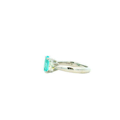 Platinum 1.66ct Oval Paraiba Tourmaline and 0.64ctw Diamond Three-Stone Ring