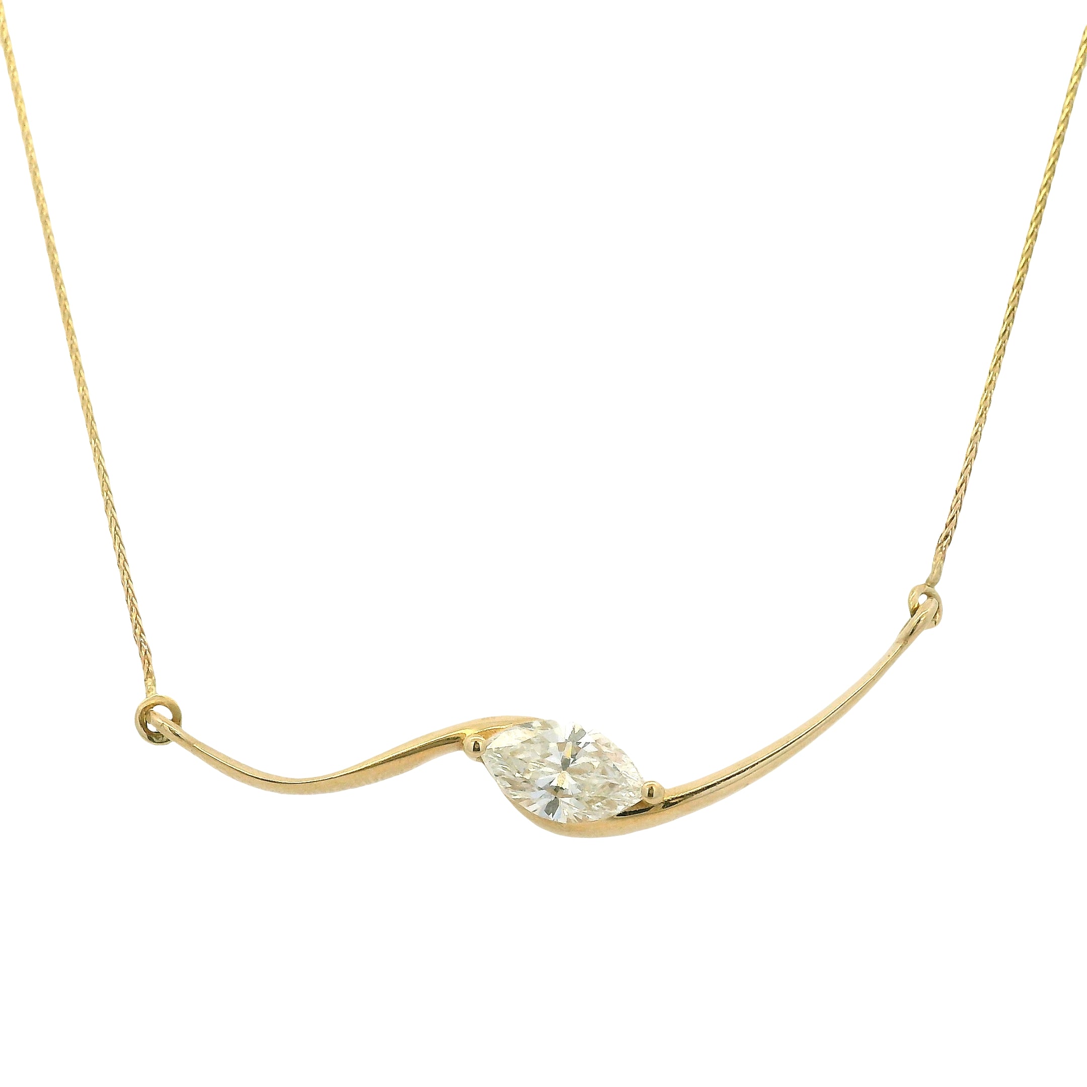 14k Yellow Gold GIA Certified 1ct Natural Marquise Cut Diamond Wave Necklace 