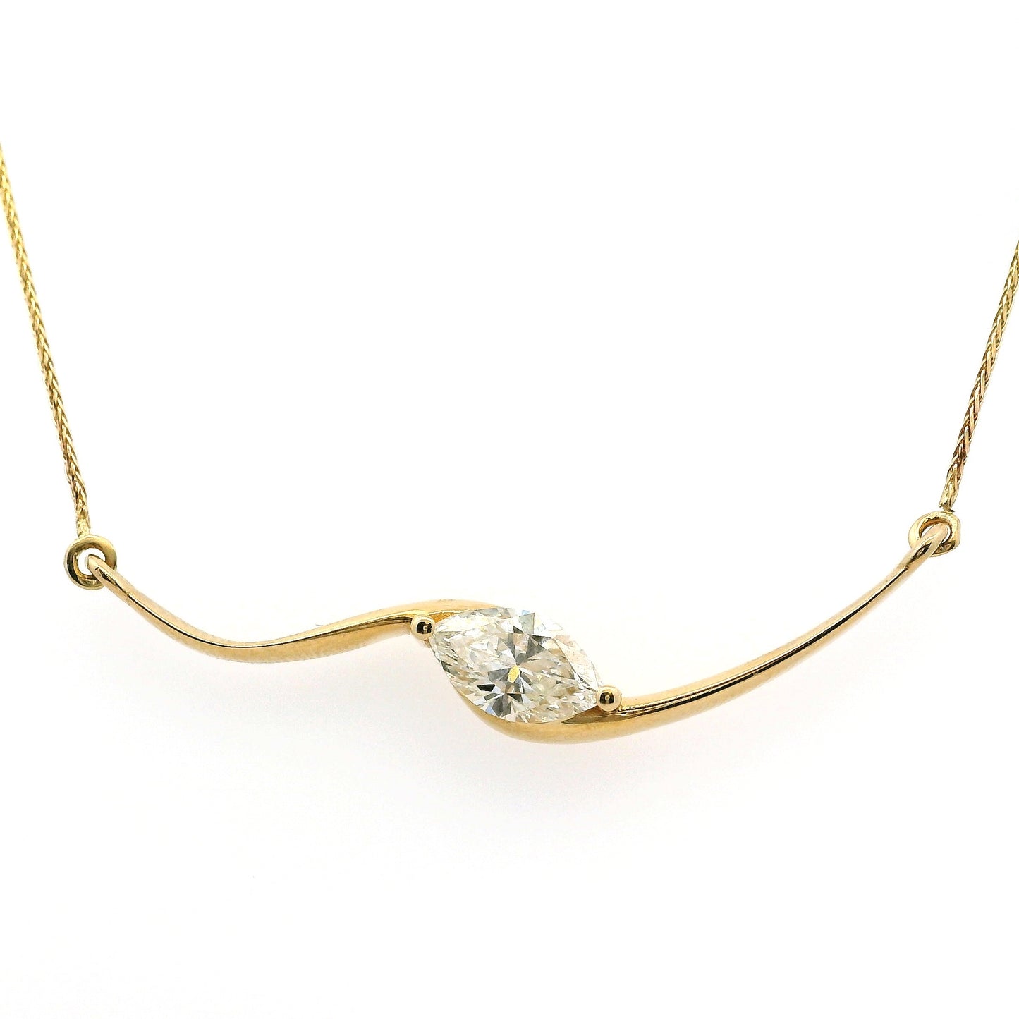14k Yellow Gold GIA Certified 1ct Natural Marquise Cut Diamond Wave Necklace 