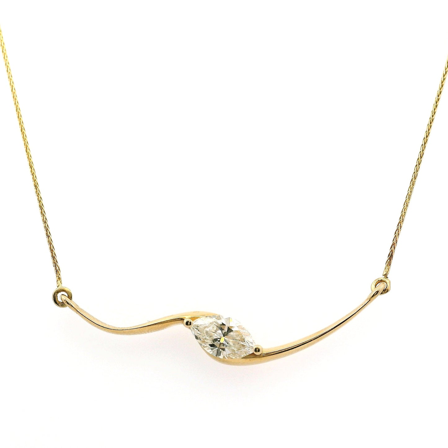 14k Yellow Gold GIA Certified 1ct Natural Marquise Cut Diamond Wave Necklace 