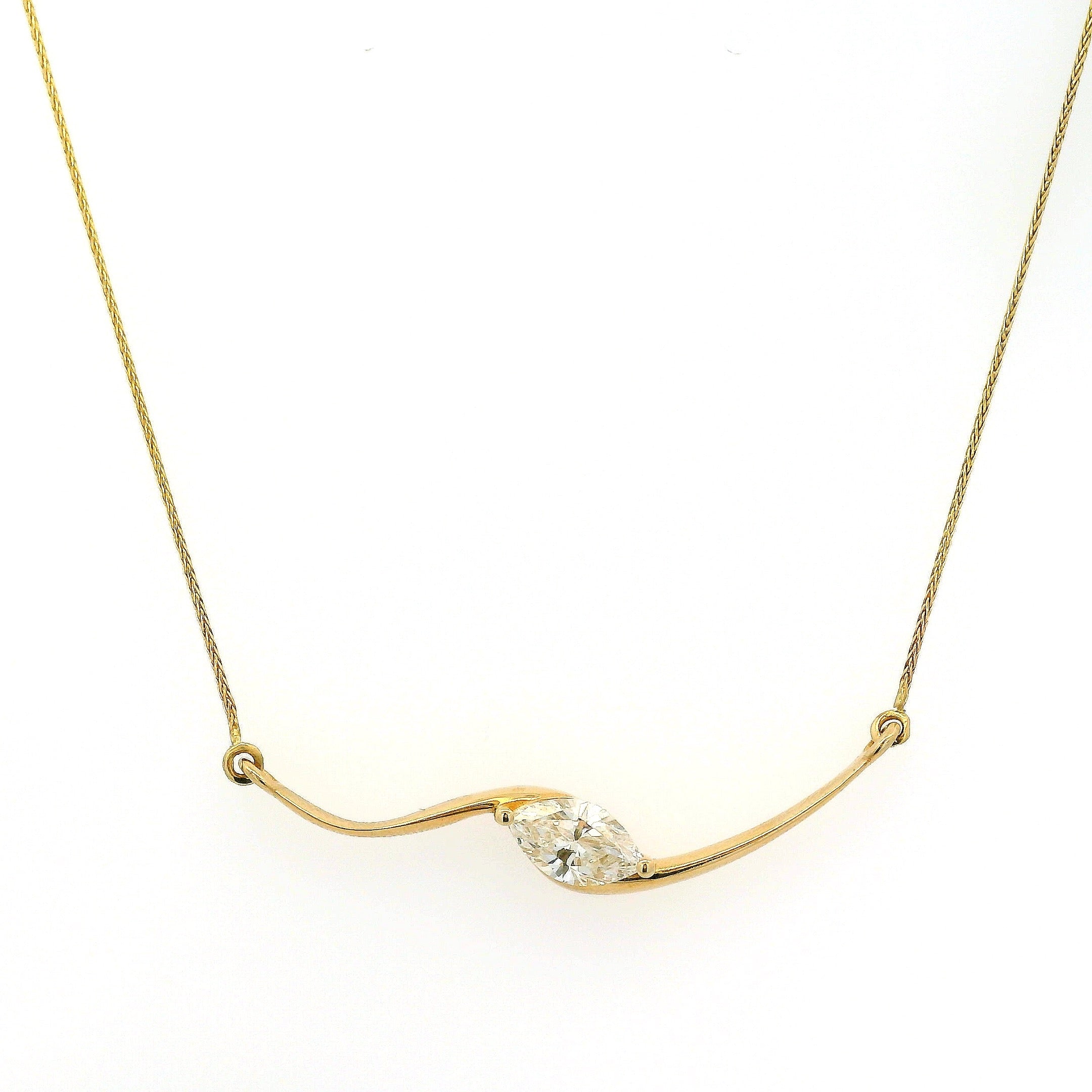 14k Yellow Gold GIA Certified 1ct Natural Marquise Cut Diamond Wave Necklace 