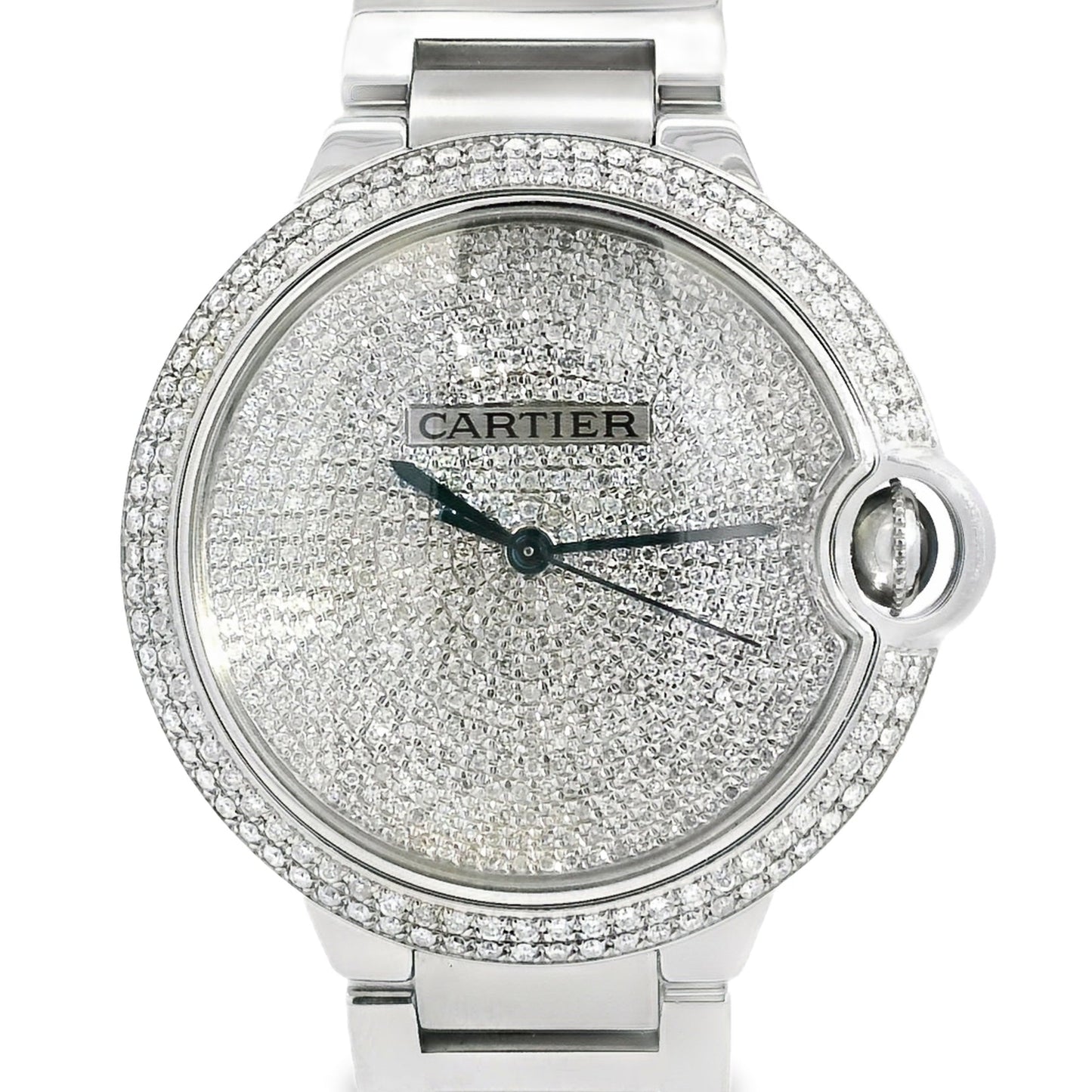 Cartier 3001 Ballon Bleu 42mm Silver Roman Dial with Aftermarket Diamond Watch