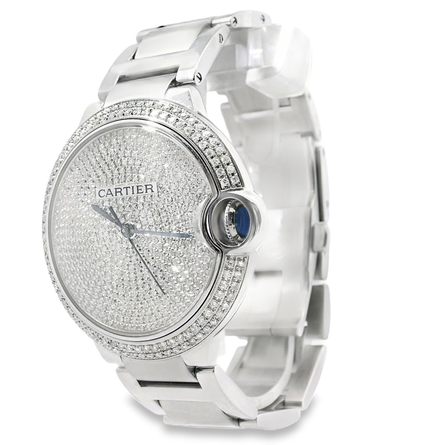Cartier 3001 Ballon Bleu 42mm Silver Roman Dial with Aftermarket Diamond Watch