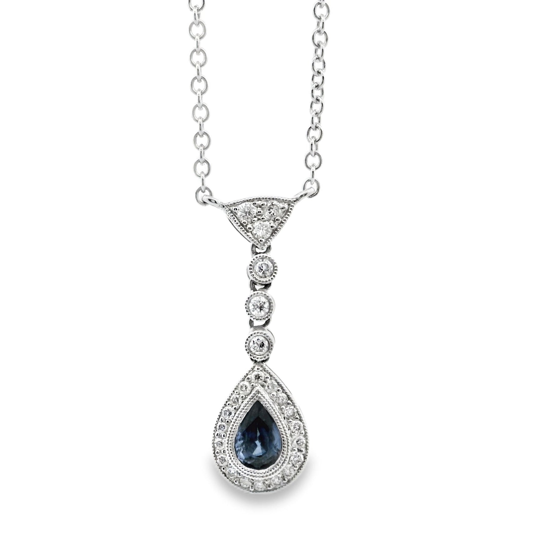 14k White Gold Pear Cut Approx. 0.45ct Sapphire Pendant with Diamond