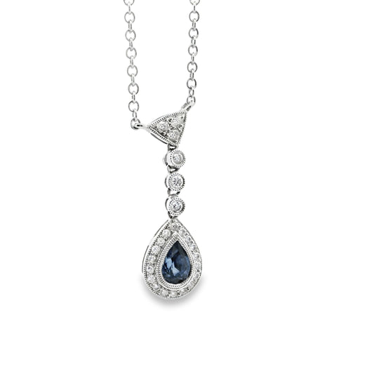 14k White Gold Pear Cut Approx. 0.45ct Sapphire Pendant with Diamond