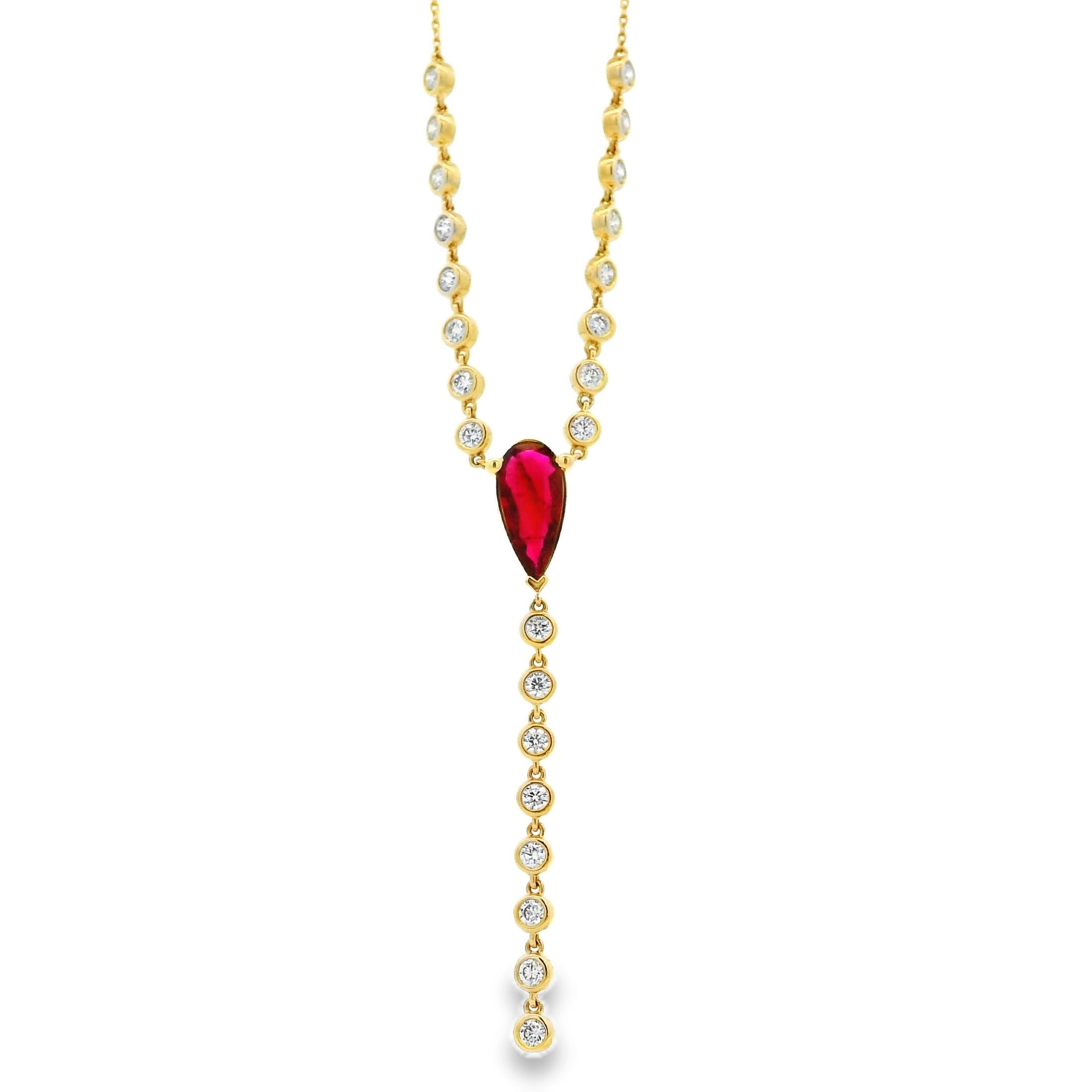 14k Yellow Gold 0.88ct Central Ruby and 0.66ct Round Brilliant Diamonds Drop Necklace