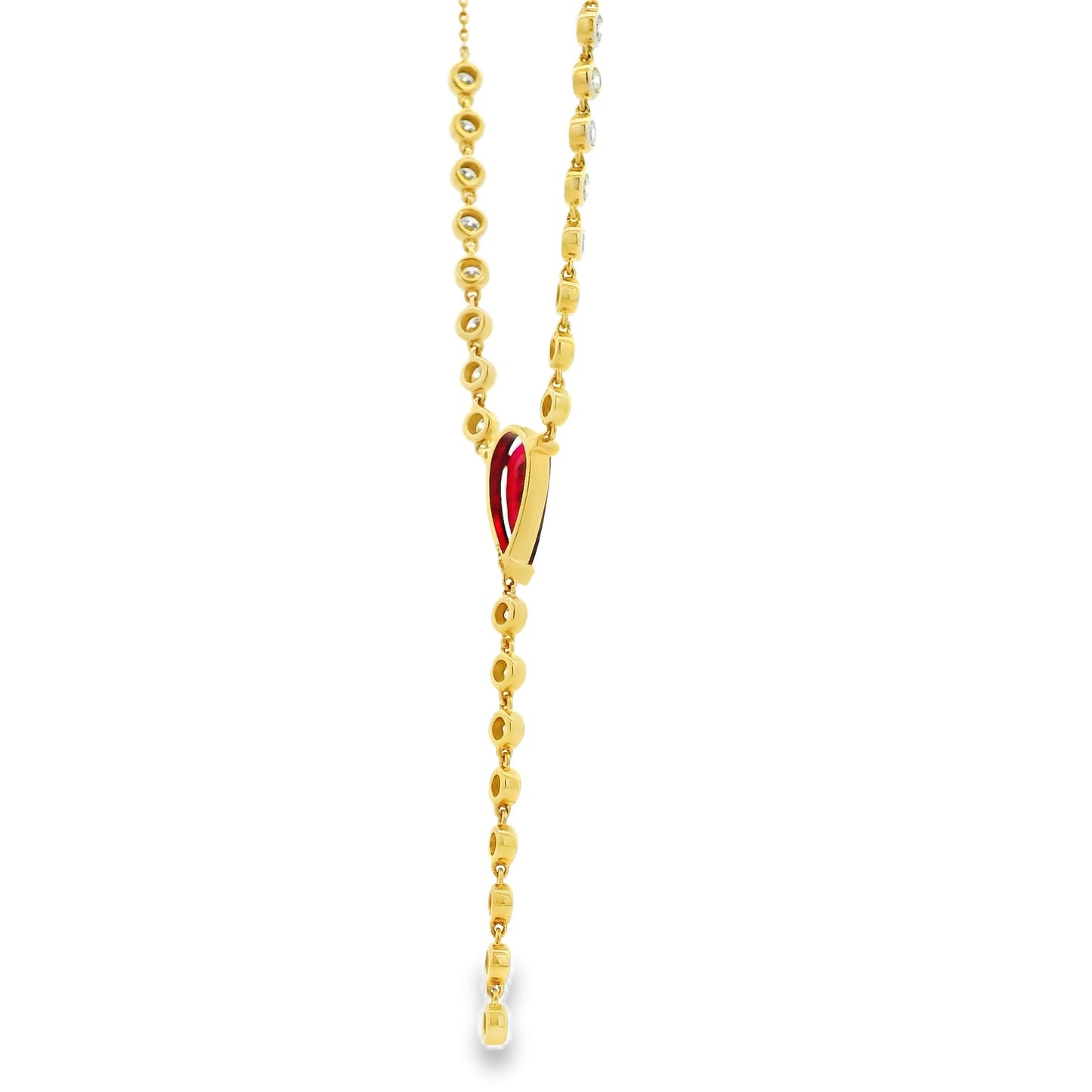 14k Yellow Gold 0.88ct Central Ruby and 0.66ct Round Brilliant Diamonds Drop Necklace