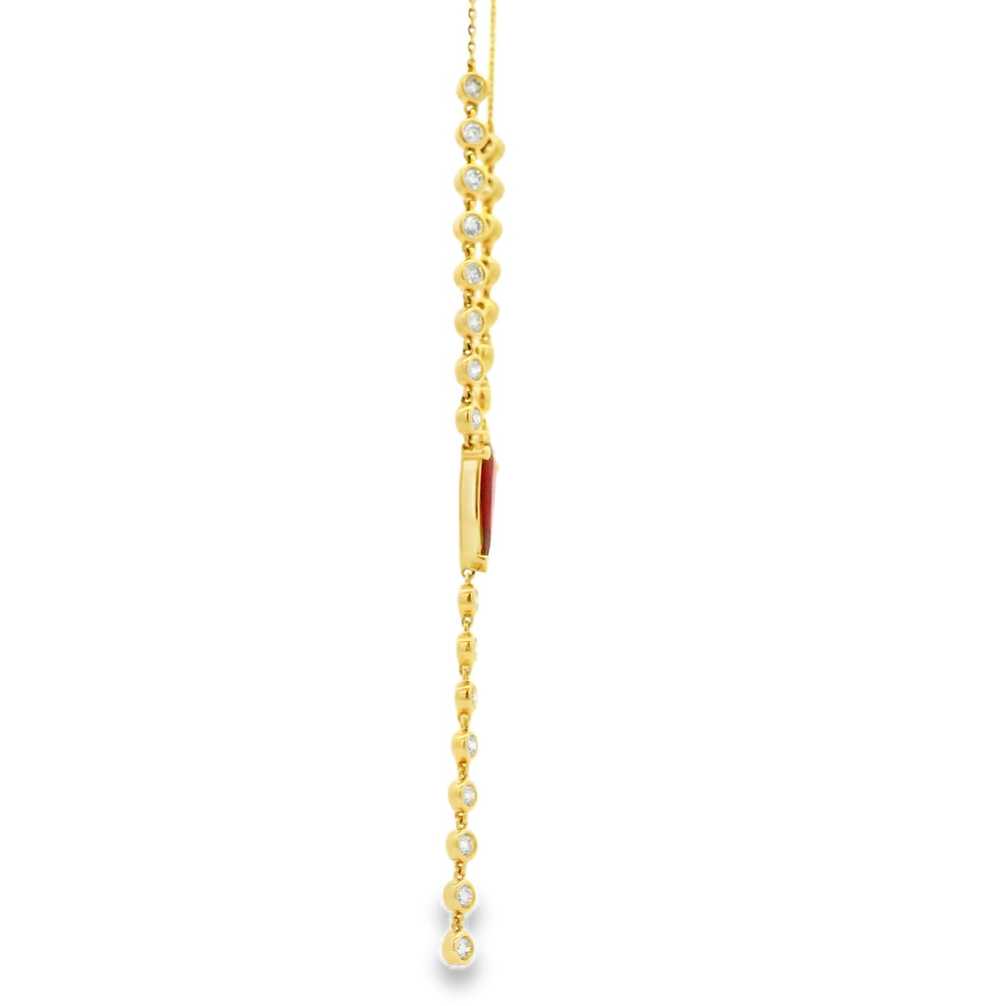 14k Yellow Gold 0.88ct Central Ruby and 0.66ct Round Brilliant Diamonds Drop Necklace