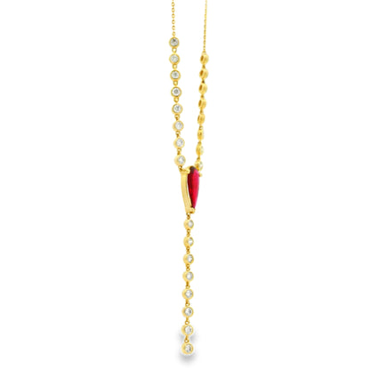 14k Yellow Gold 0.88ct Central Ruby and 0.66ct Round Brilliant Diamonds Drop Necklace