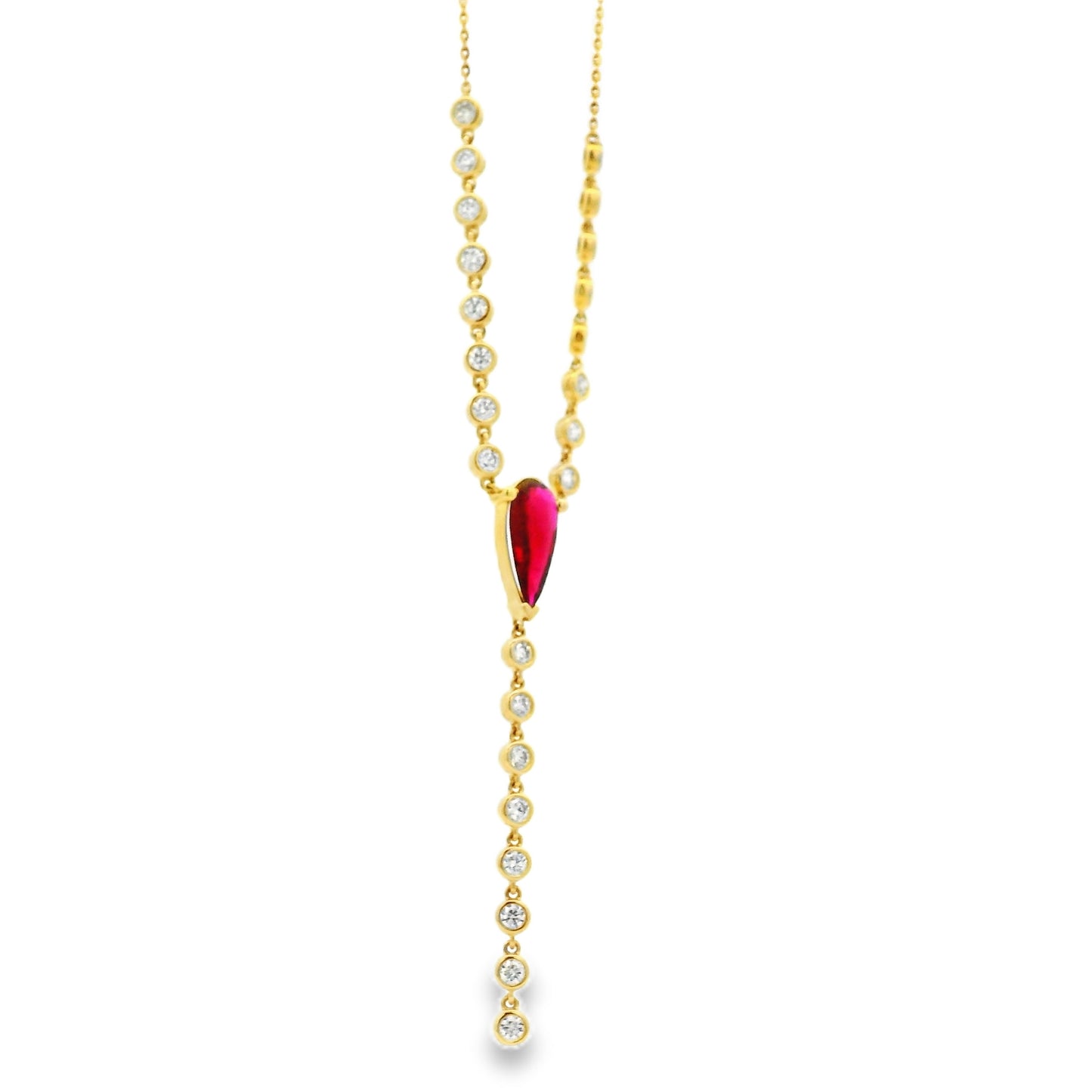 14k Yellow Gold 0.88ct Central Ruby and 0.66ct Round Brilliant Diamonds Drop Necklace