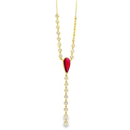 14k Yellow Gold 0.88ct Central Ruby and 0.66ct Round Brilliant Diamonds Drop Necklace