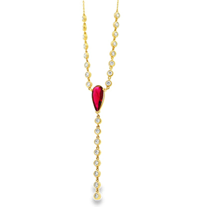 14k Yellow Gold 0.88ct Central Ruby and 0.66ct Round Brilliant Diamonds Drop Necklace