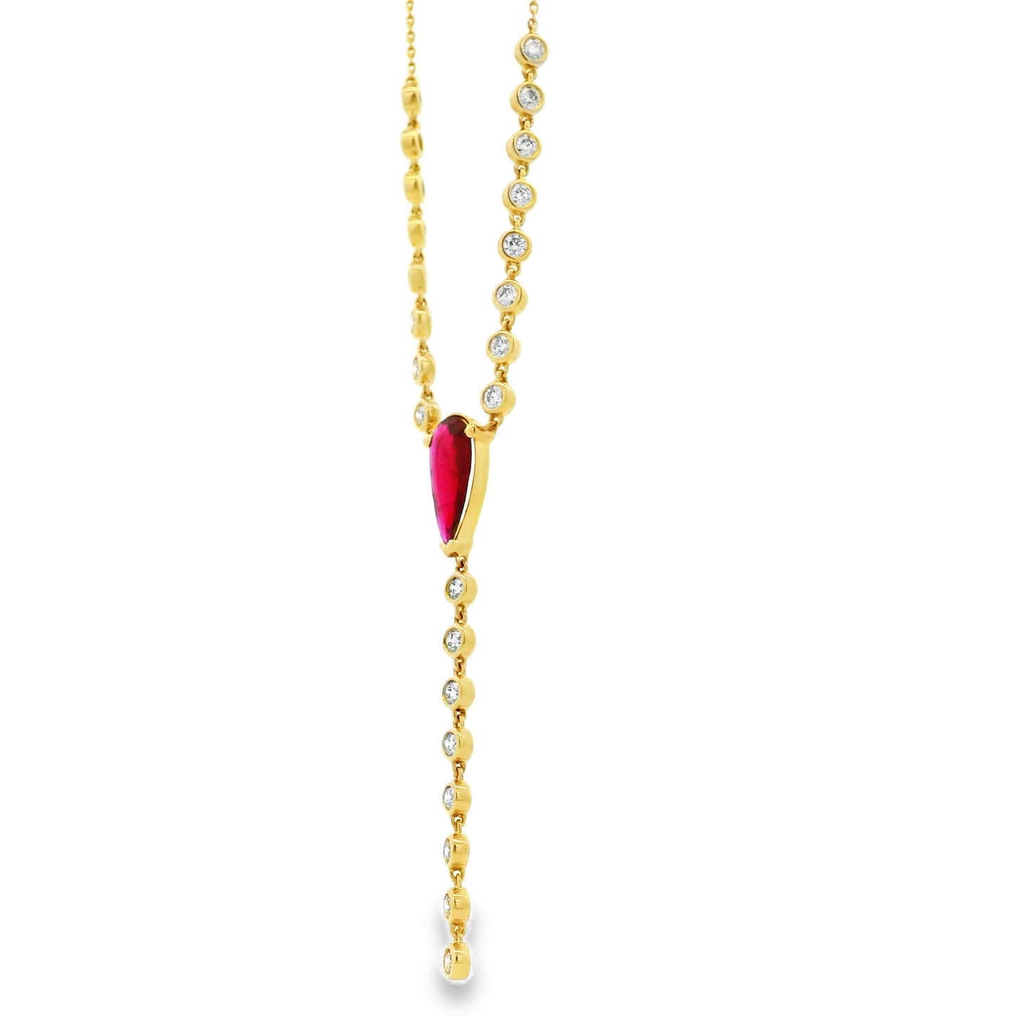 14k Yellow Gold 0.88ct Central Ruby and 0.66ct Round Brilliant Diamonds Drop Necklace
