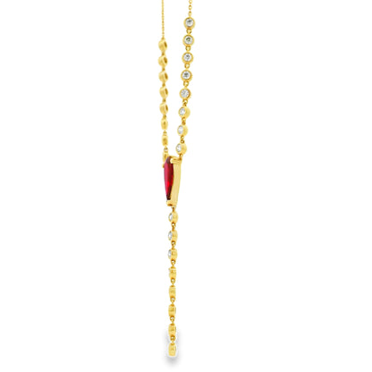 14k Yellow Gold 0.88ct Central Ruby and 0.66ct Round Brilliant Diamonds Drop Necklace