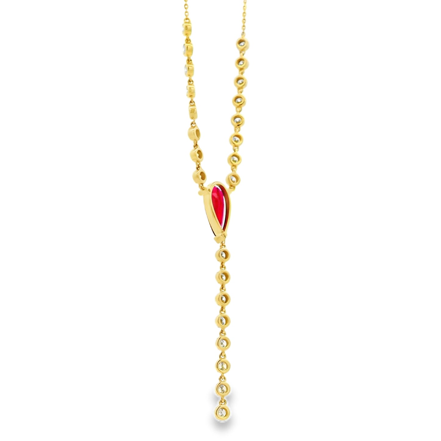 14k Yellow Gold 0.88ct Central Ruby and 0.66ct Round Brilliant Diamonds Drop Necklace