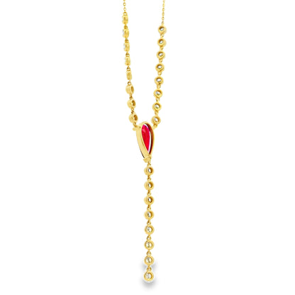 14k Yellow Gold 0.88ct Central Ruby and 0.66ct Round Brilliant Diamonds Drop Necklace