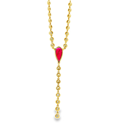 14k Yellow Gold 0.88ct Central Ruby and 0.66ct Round Brilliant Diamonds Drop Necklace