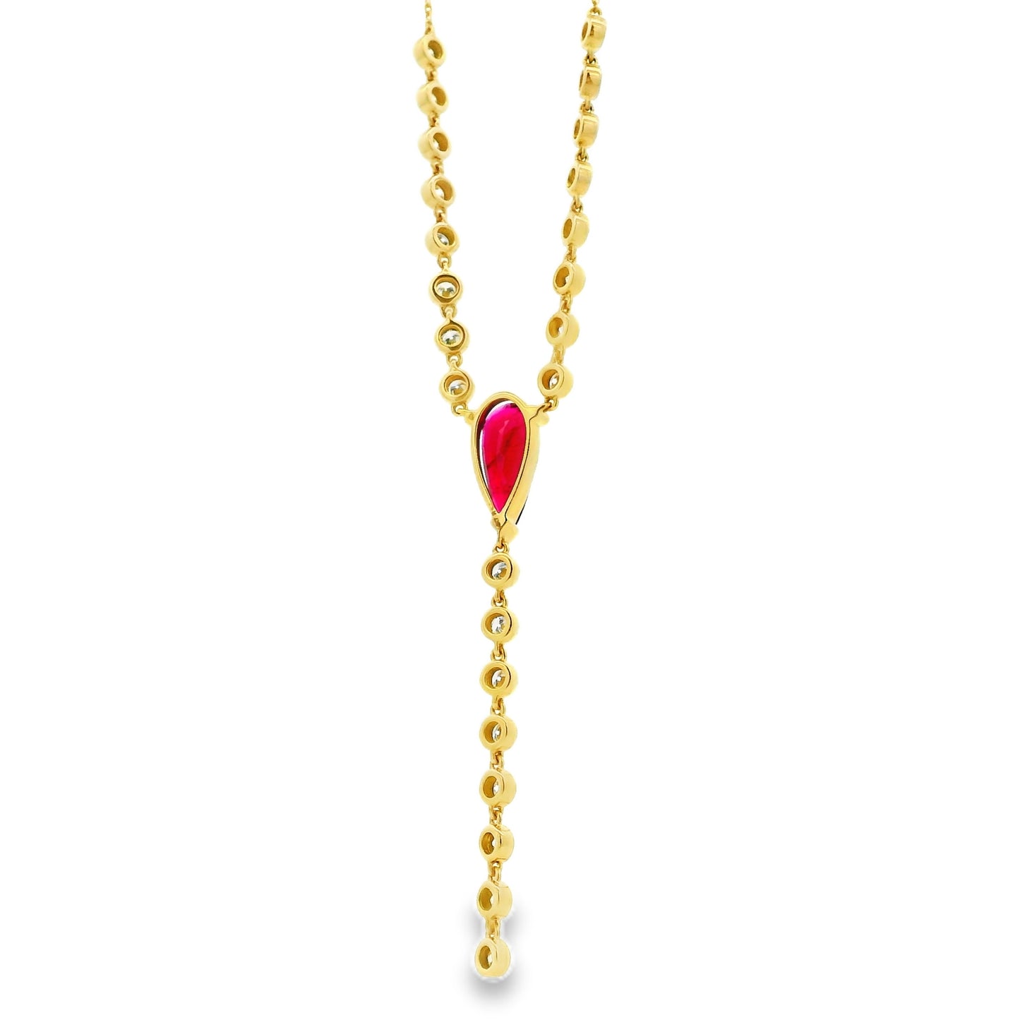 14k Yellow Gold 0.88ct Central Ruby and 0.66ct Round Brilliant Diamonds Drop Necklace