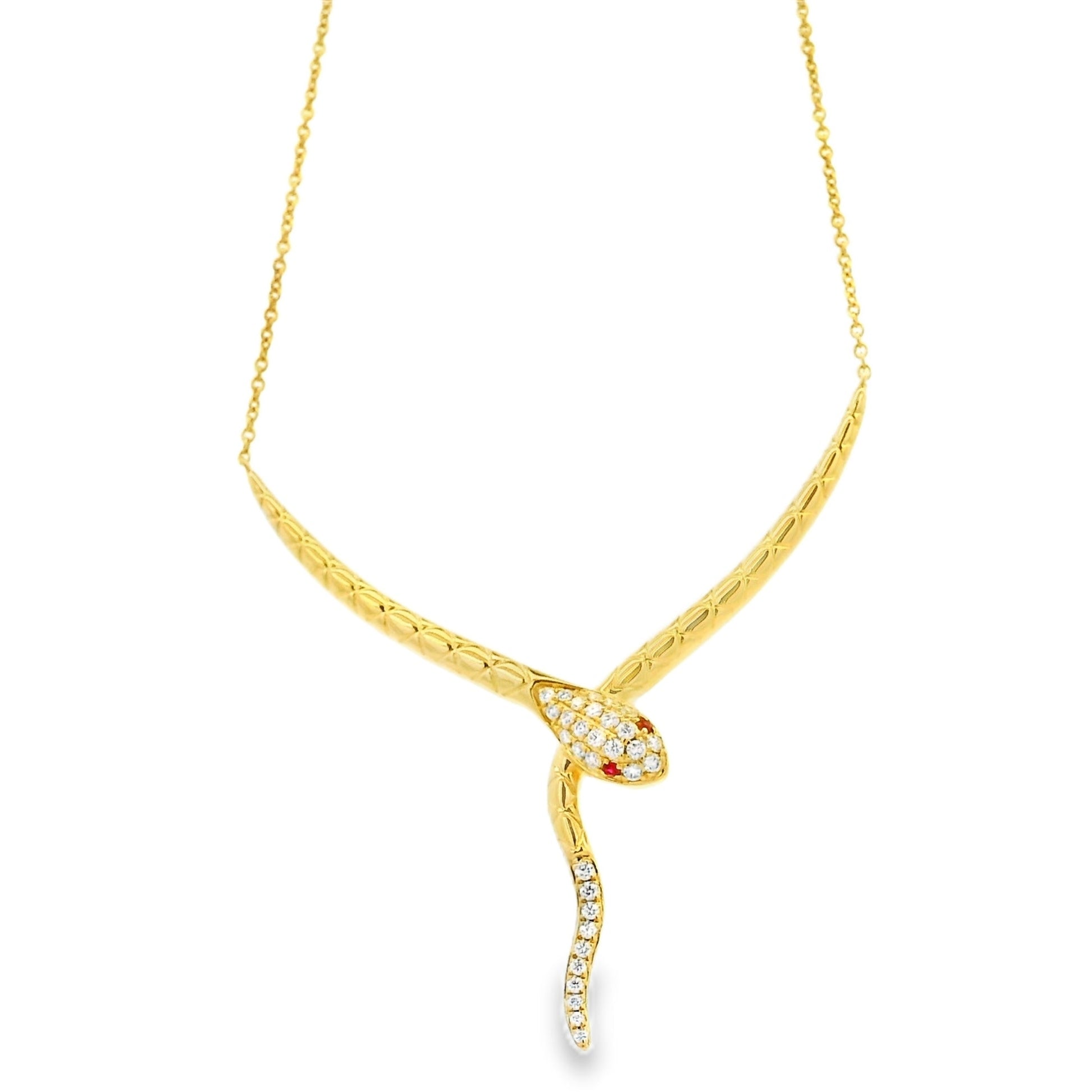 14k Yellow Gold 0.25ct Round Brilliant Diamonds and 0.02ct Rubies in a Snake Necklace