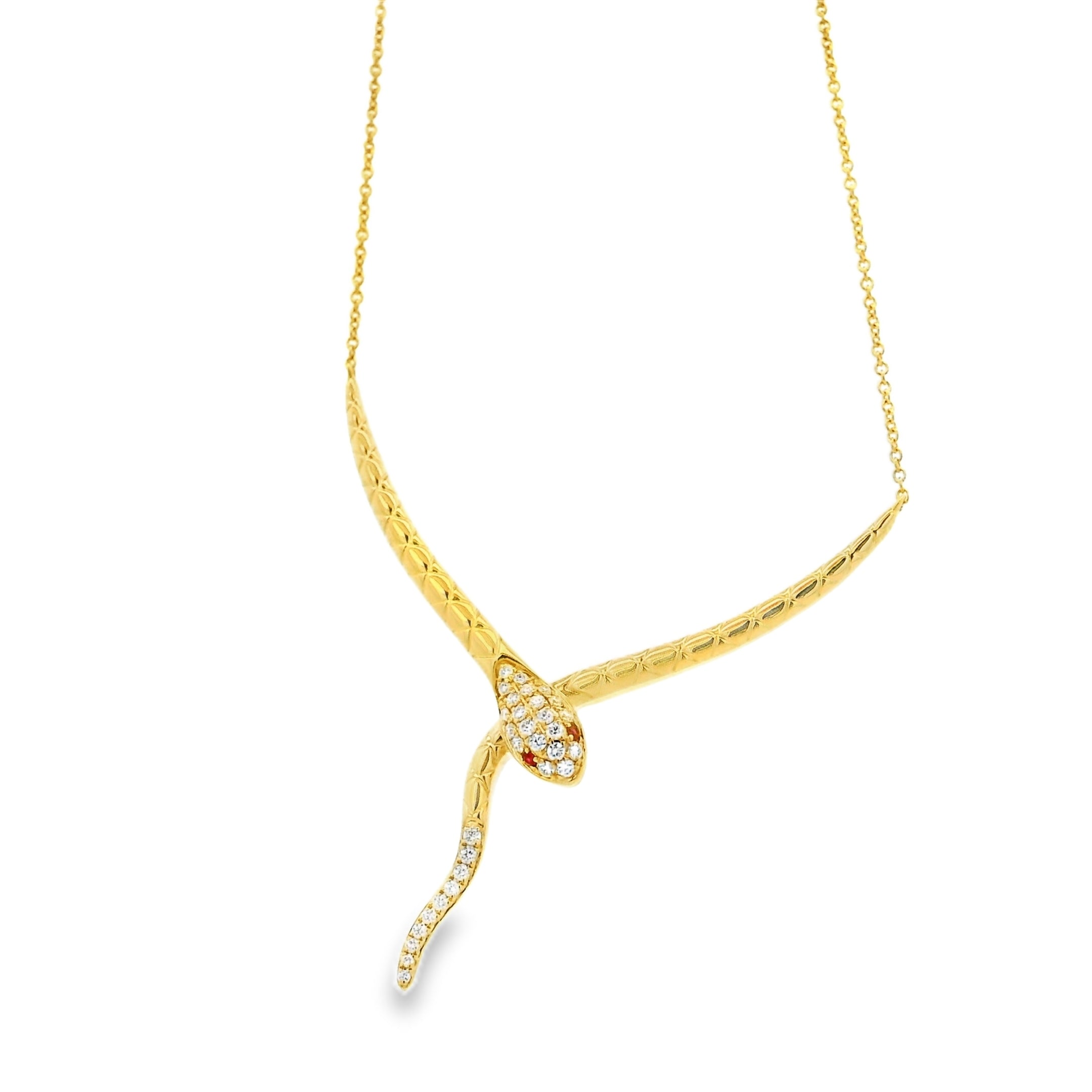 14k Yellow Gold 0.25ct Round Brilliant Diamonds and 0.02ct Rubies in a Snake Necklace
