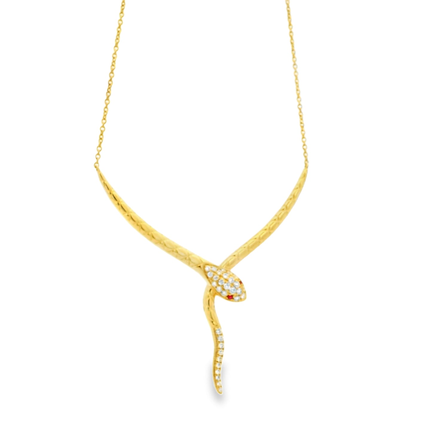 14k Yellow Gold 0.25ct Round Brilliant Diamonds and 0.02ct Rubies in a Snake Necklace