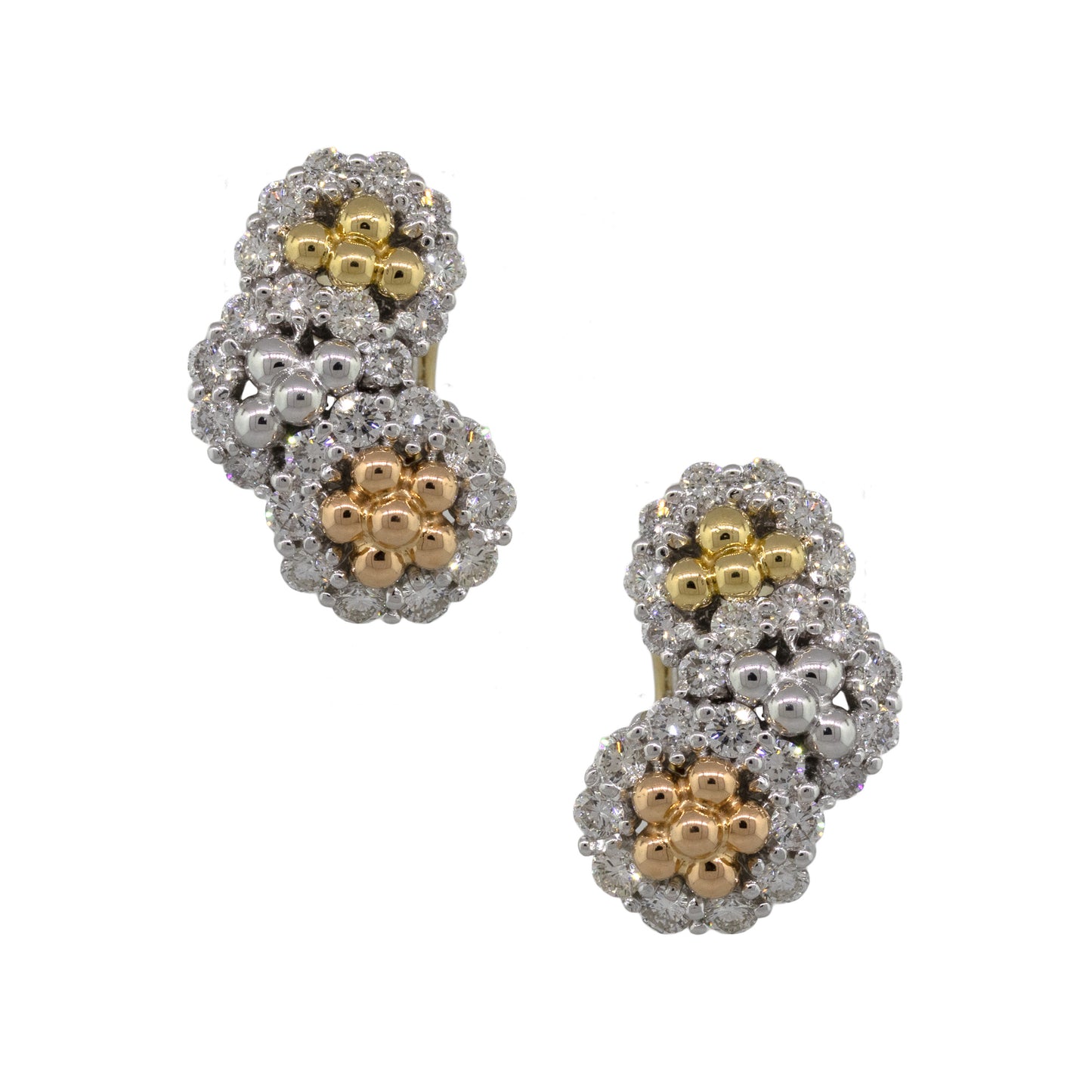 18k Tri-Tone Three Section Diamond Cluster Earrings