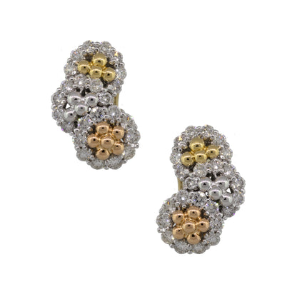 18k Tri-Tone Three Section Diamond Cluster Earrings