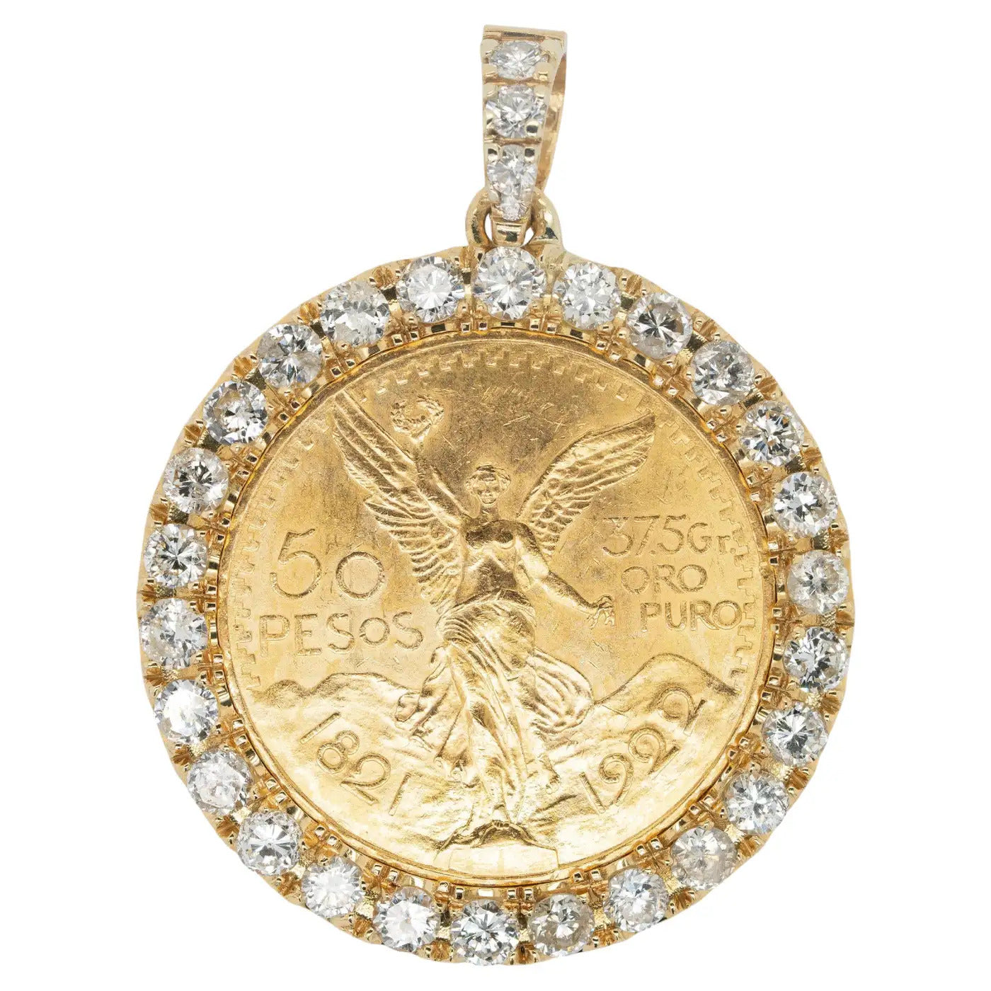 18k Yellow Gold Diamond Bezel Pendant with 1922 50 Peso 24k Gold Coin on a 14k Yellow Gold Tennis Necklace