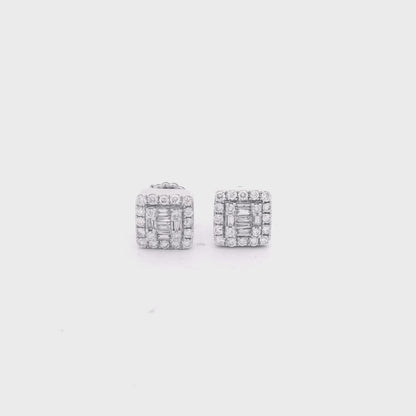 14k White Gold Baguette and Round Diamond Cluster Stud Earrings