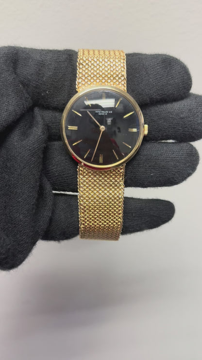 Patek Phillipe 18k Yellow Gold Vintage Black Dial Aftermarket 14k Soldered on Bracelet