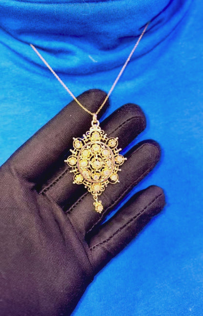 14k Yellow Gold Brooch Pendant set with Natural Rose Mixed Cut Diamonds on 14k Yellow Gold Chain
